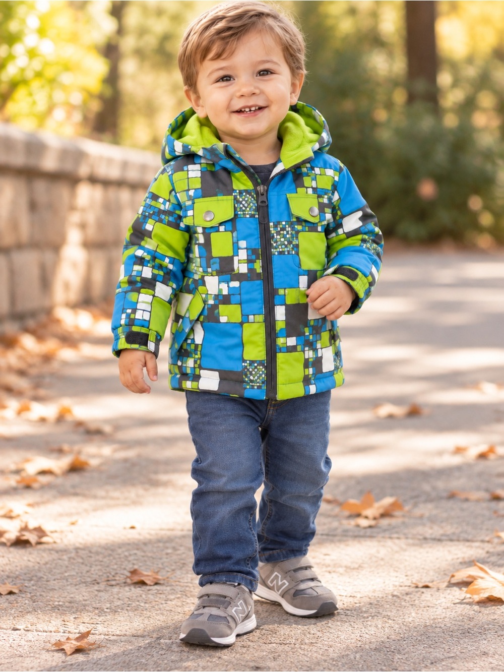 Mini Hoss Toddler Hooded Fleece-Lined Geometric Jacket 18M Blue Green